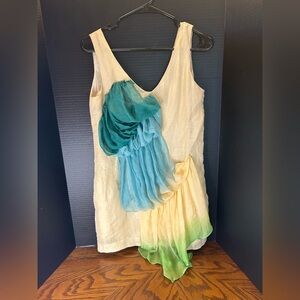 Mini Sleeveless Linen Silk Shift Dress Ombre Blue Green Whimsical Art Size Small